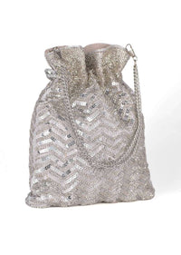 Silver Potli Bag With Embellished Chevron Pattern Online - Kalki Fashion