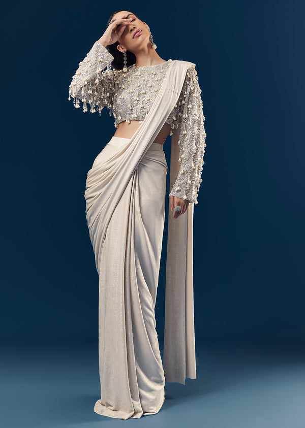Silver Ready Pleated Indo Western Saree With Pearl And Cut Dana Embellished Full Sleeve Blouse