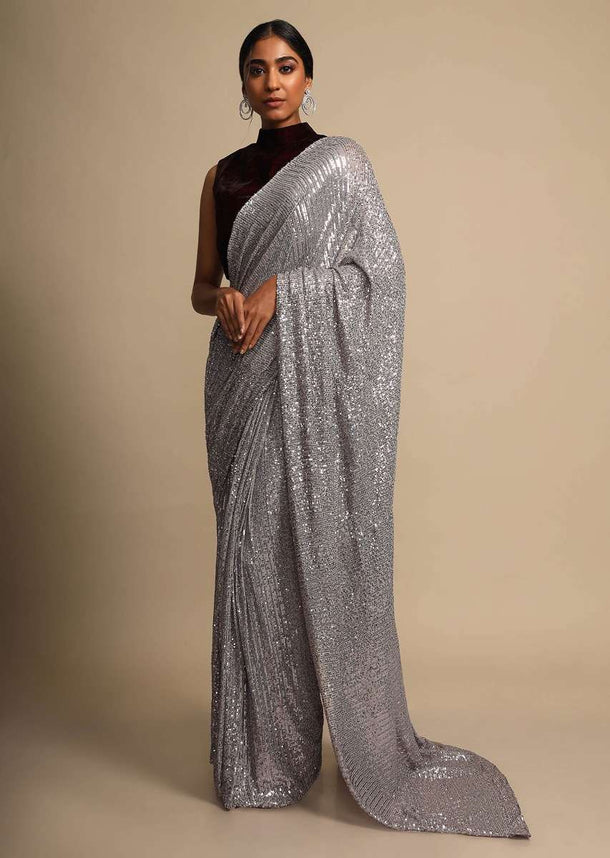 Lavender Grey Saree Embellished In Sequins With Ready Stitched Pleats