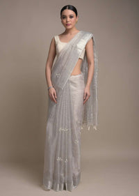 Silver Saree In Zari Kota Adorned With Pearls And Cut Dana Embellished Leaf Buttis Online - Kalki Fashion