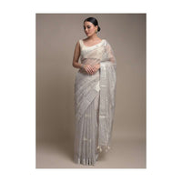 Silver Saree In Zari Kota Adorned With Pearls And Cut Dana Embellished Leaf Buttis Online - Kalki Fashion