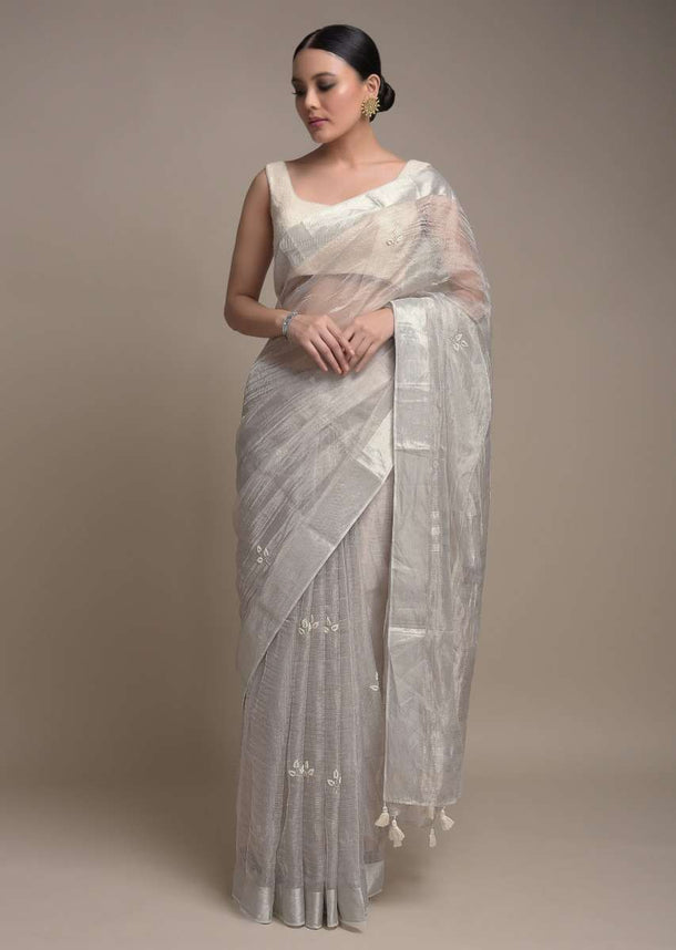 Silver Saree In Zari Kota Adorned With Pearls And Cut Dana Embellished Leaf Buttis Online - Kalki Fashion