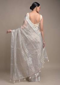 Silver Saree In Zari Kota Adorned With Pearls And Cut Dana Embellished Leaf Buttis Online - Kalki Fashion