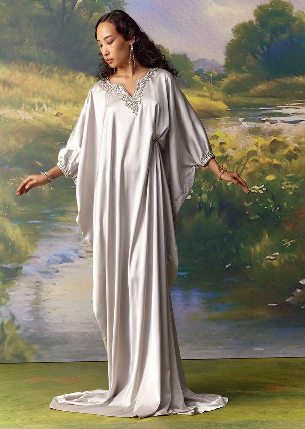Silver Satin Kaftan Gown With Metal Embellishment