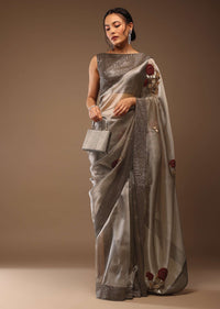 Silver And Cedar Brown Saree In Tissue Organza With Multi Colored Sequins Embroidered Motifs