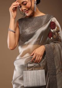 Silver And Cedar Brown Saree In Tissue Organza With Multi Colored Sequins Embroidered Motifs