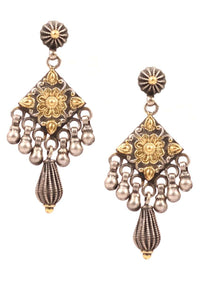 Silver And Gold Plated Vintage Earrings With Carved Flower And Dangling Bead Tassels Made In Sterling Silver By Sangeeta Boochra