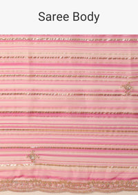 Silver And Pink Organza Striped Zari Saree With Unstitched Blouse Piece