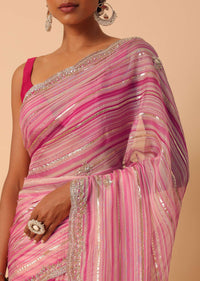 Silver And Pink Organza Striped Zari Saree With Unstitched Blouse Piece