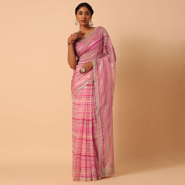 Silver And Pink Organza Striped Zari Saree With Unstitched Blouse Piece