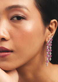 Silver And Pink Zircon Embellished Drop Earrings