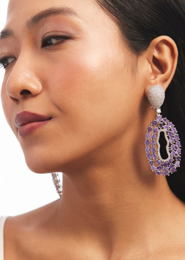 Silver And Purple Embellished Statement Drop Earrings