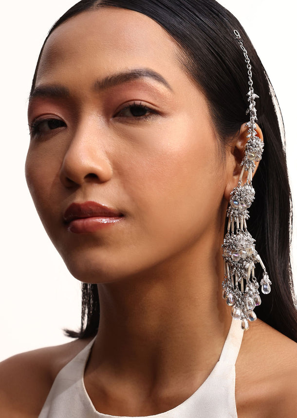 Silver And White Handcrafted Dangler Earrings In Mix Metal