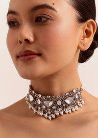 Silver And White Victorian Kundan Choker Set In Mix Metal