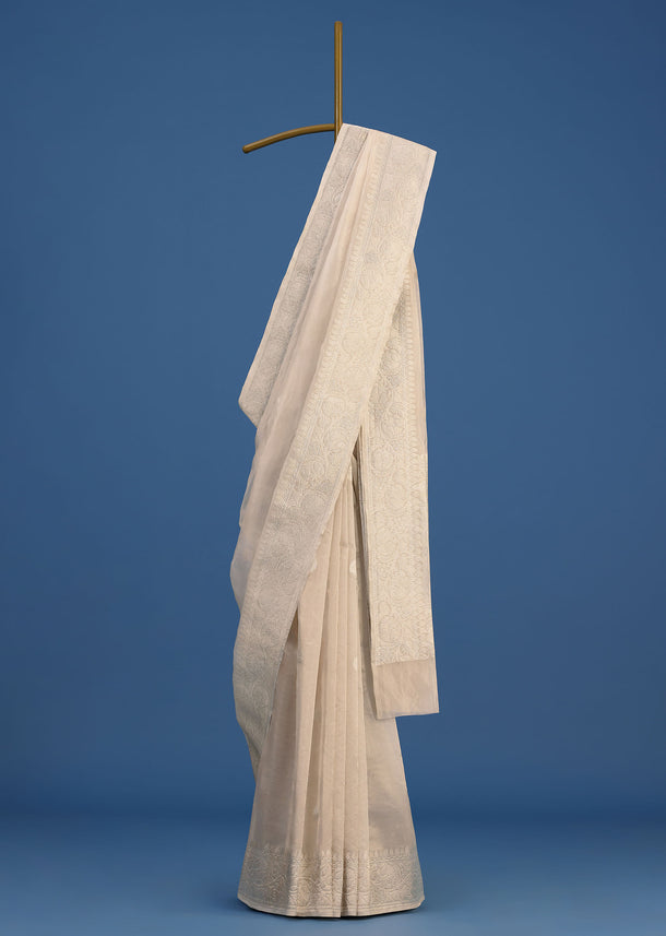 Silver Banarasi Tissue Silk Saree With Zari Weave