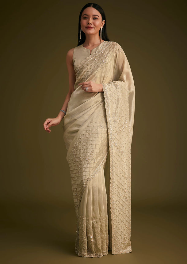 Silver Beige Tissue Sequins Saree With Cutdana Detailing