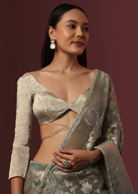 Silver Blouse With Plunging V Neckline