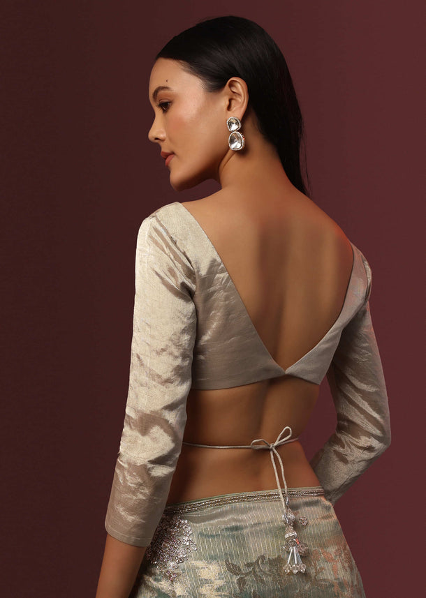 Silver Blouse With Plunging V Neckline
