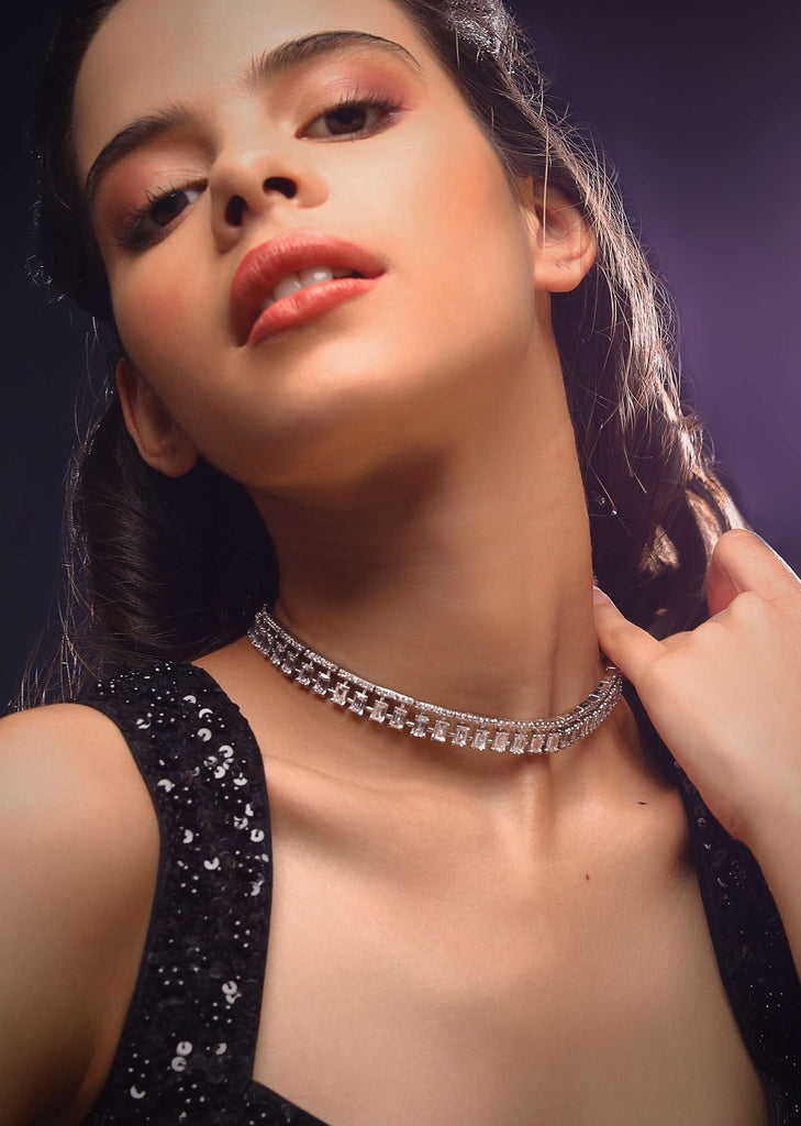 Silver Choker Necklace With Stone Studded Geometric Design