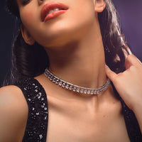 Silver Choker Necklace With Stone Studded Geometric Design