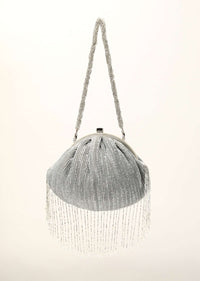 Silver Clutch In Crushed Sequins Fabric With Cut Dana Fringes On The Edges