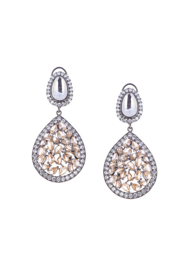 Silver Diamond Dangler Earrings With Champagne Stones In Mix Metal