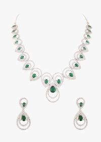 Silver Diamond Necklace Set With Green Stones