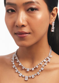 Silver Double Layered Necklace And Earrings Set