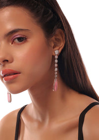 Silver Earrings With Dome Designs Adorned With White & Pink Stones