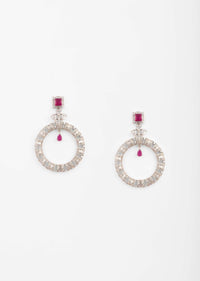 Silver Earrings With Swarovski Stones Studded In Round Motif And Maroon Stone Accent