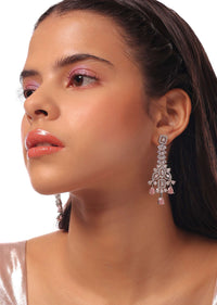 Silver Earrings With White And Pink Stones In Floral Patterns With Attached Tassel Stones