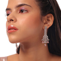 Silver Earrings With White And Pink Stones In Floral Patterns With Attached Tassel Stones