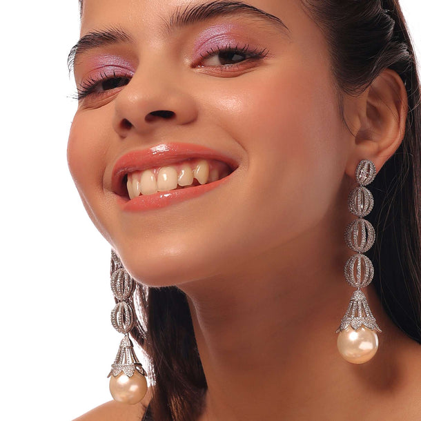 Silver Earrings With White Stones And Pearls