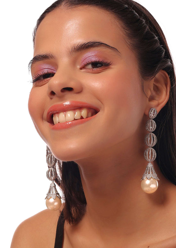 Silver Earrings With White Stones And Pearls