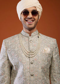 Silver Grey Sherwani Set In Tussar Silk