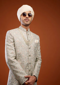 Silver Grey Sherwani Set In Tussar Silk