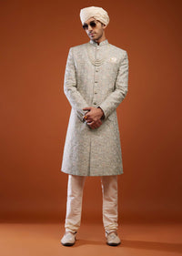 Silver Grey Sherwani Set In Tussar Silk