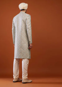 Silver Grey Sherwani Set In Tussar Silk