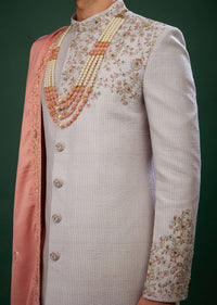 Silver Embroidered Sherwani Set In Raw Silk