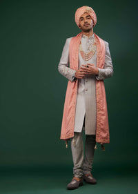 Silver Embroidered Sherwani Set In Raw Silk