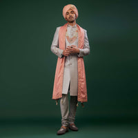 Silver Embroidered Sherwani Set In Raw Silk