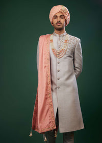 Silver Embroidered Sherwani Set In Raw Silk