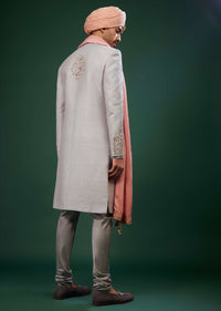 Silver Embroidered Sherwani Set In Raw Silk