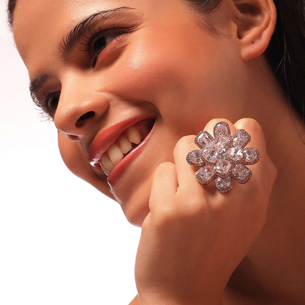 Silver Finger Ring With White Stones In A Geometric Floral Pattern