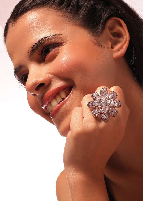 Silver Finger Ring With White Stones In A Geometric Floral Pattern