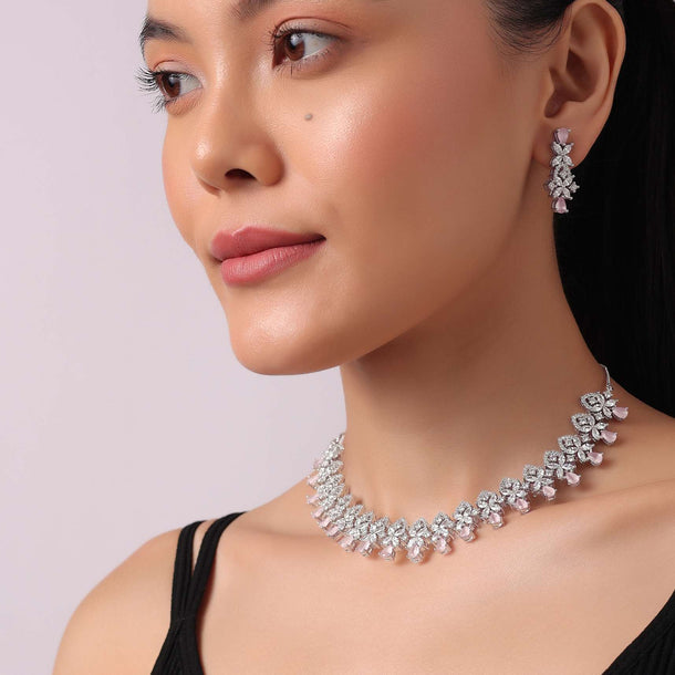 Silver Finish Choker Set with Pink Pear Shaped Stone Drops