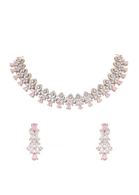 Silver Finish Choker Set with Pink Pear Shaped Stone Drops