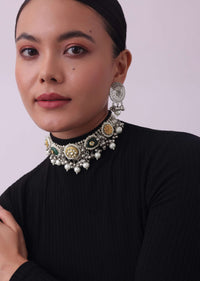 Silver Finish Choker And Earring Set Infused With Kundan Work And Pearls