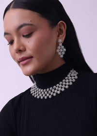 Silver Finish Choker And Earring Studded With Faux Diamonds