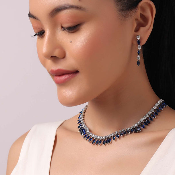 Silver Finish Choker Set with Sapphire And Faux Diamonds